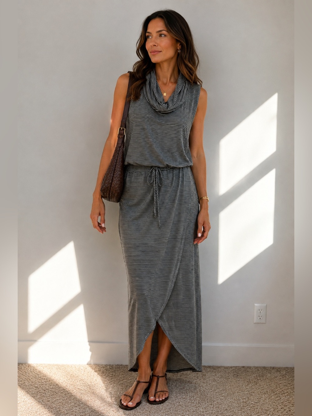 dolan Sleeveless Striped Cowl Neck Maxi Dress - black and white